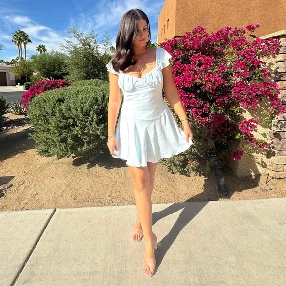 MESHKI | Carson Ruched Satin Mini Dress | Powder Blue | Size: X-Large - Picture 2 of 7